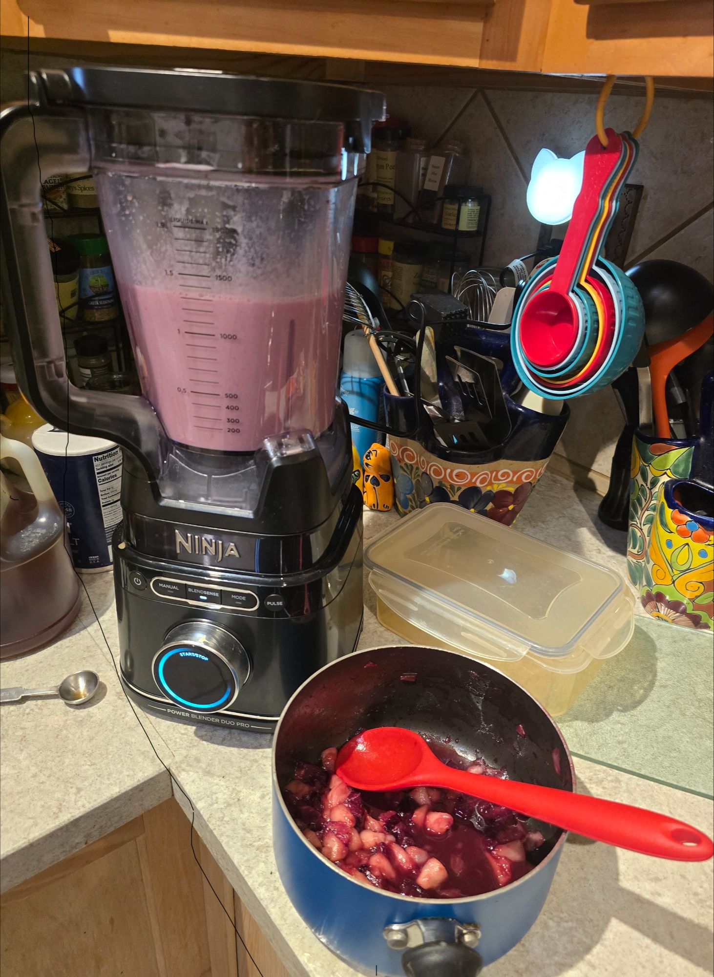 Simmered chopped fruit added to base in blender