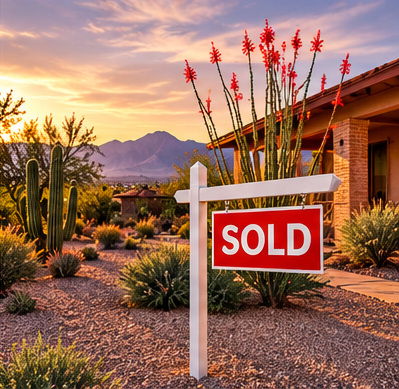 Sold sign outside a Southwestern-style home at sunset representing a completed home sale in Southern Arizona.