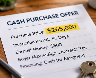 Illustrative cash home purchase agreement showing contract terms that homeowners should review before signing.