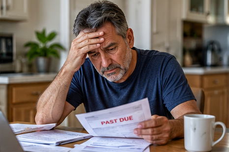 Homeowner reviewing overdue bills while considering financial options for selling a home in Southern Arizona.