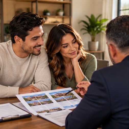 Young couple reviewing home selling options and local market information with a real estate professional during a consultation.
