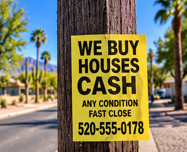 Yellow roadside flyer advertising cash offers for houses attached to a utility pole in a Tucson-style neighborhood.