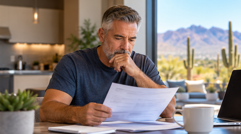 Veteran reviewing homeownership and property tax documents