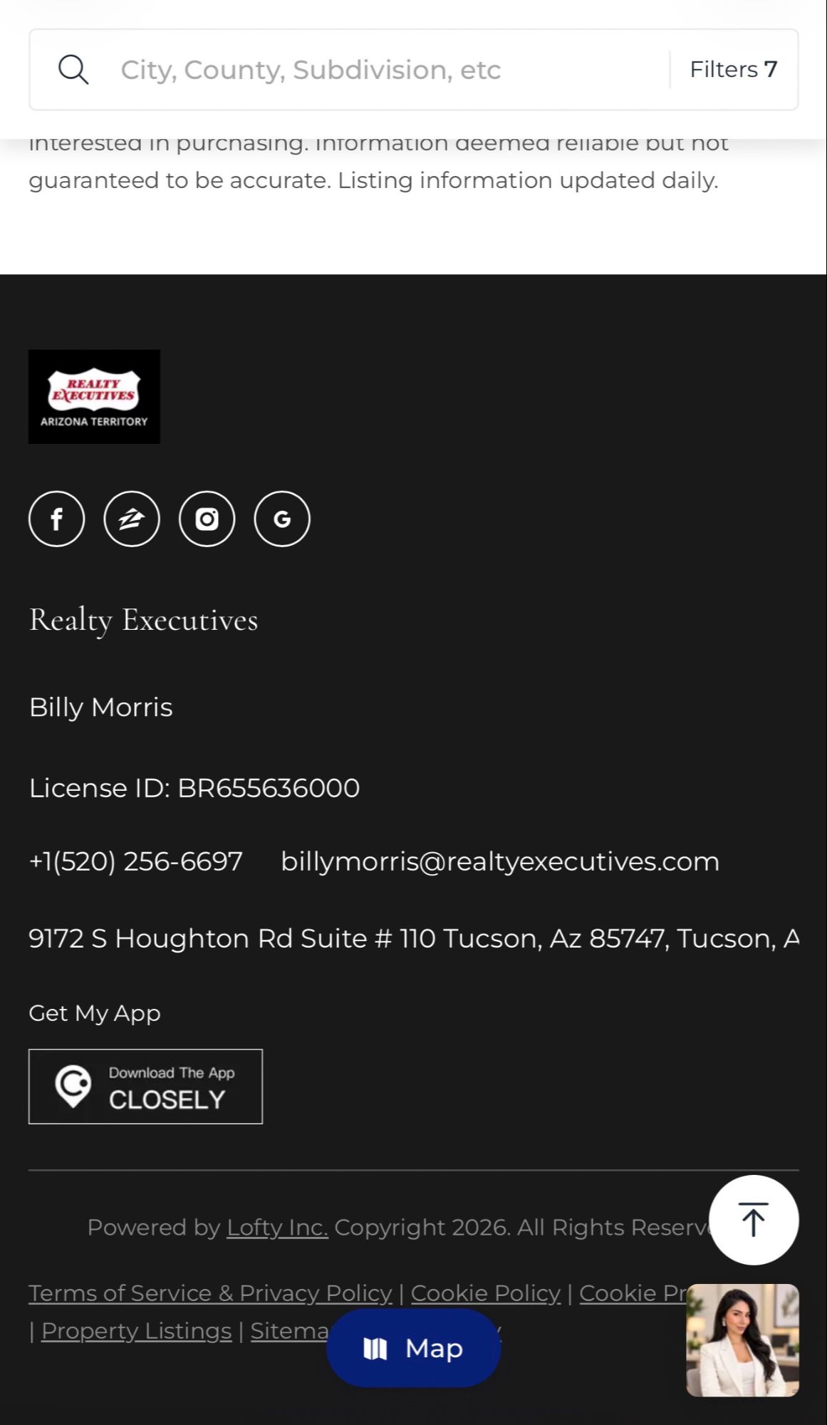 Closely Real Estate app download link on Billy Morris Real Estate for Tucson-area homebuyers searching homes on mobile.
