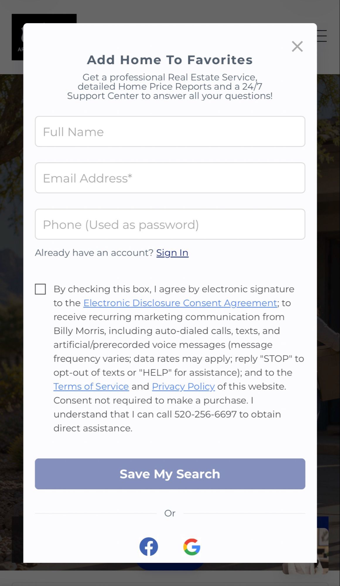 Registration prompt on Billy Morris Real Estate allowing Tucson-area homebuyers to create a free account to save homes and searches.