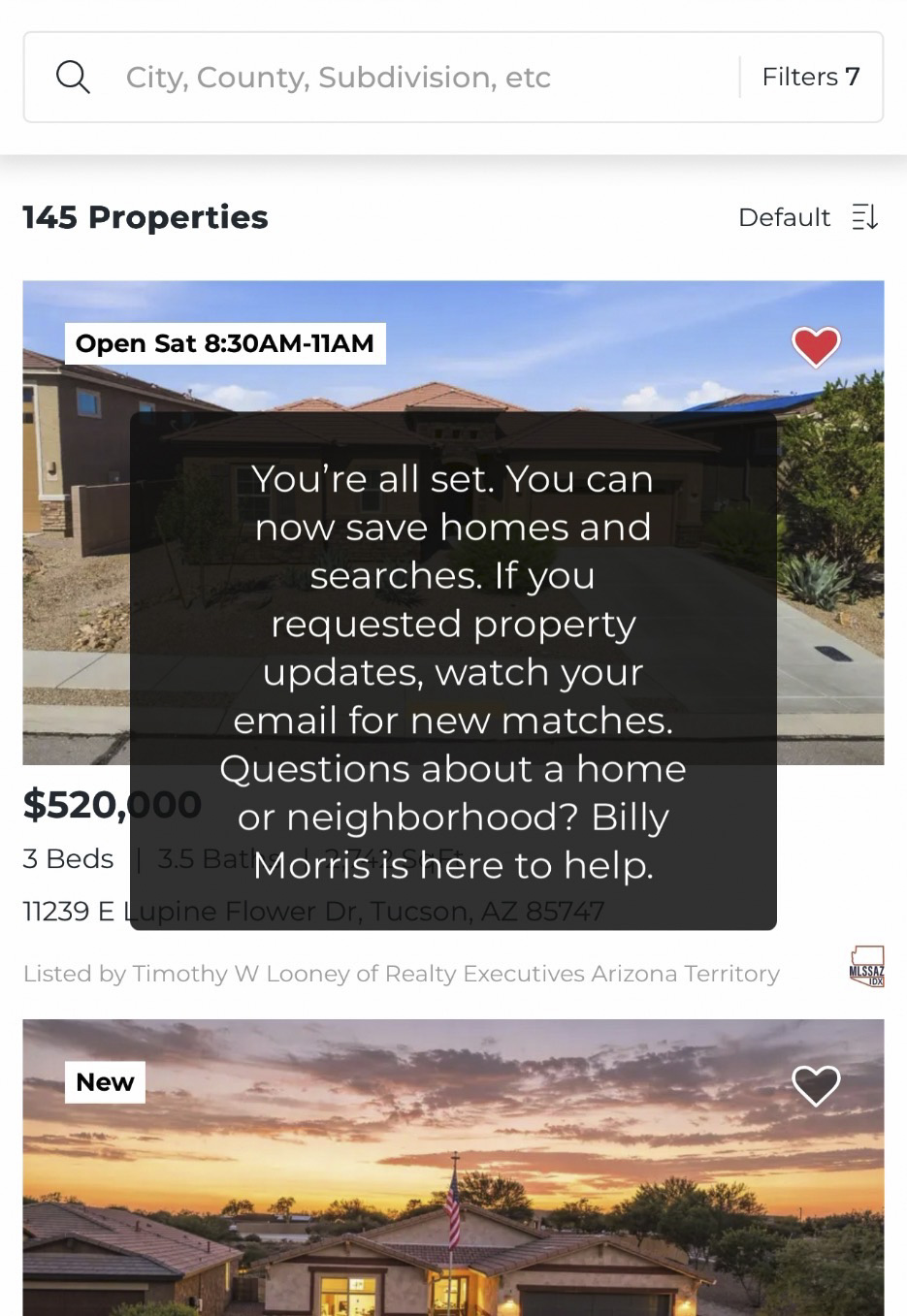 Confirmation message on Billy Morris Real Estate showing that a Tucson-area homebuyer is registered and ready to save homes and searches.