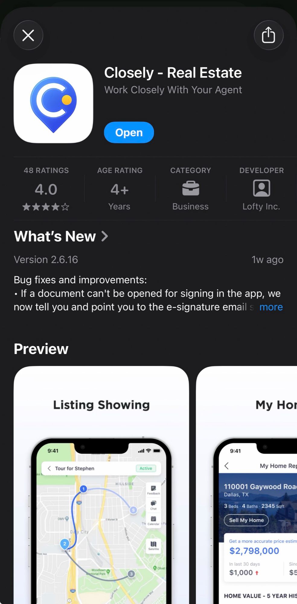 Closely Real Estate app listing in the Apple App Store for Tucson-area homebuyers using Billy Morris Real Estate.