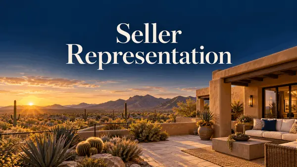 Seller Representation—illustrated Southwestern patio overlooking desert mountains at sunset.