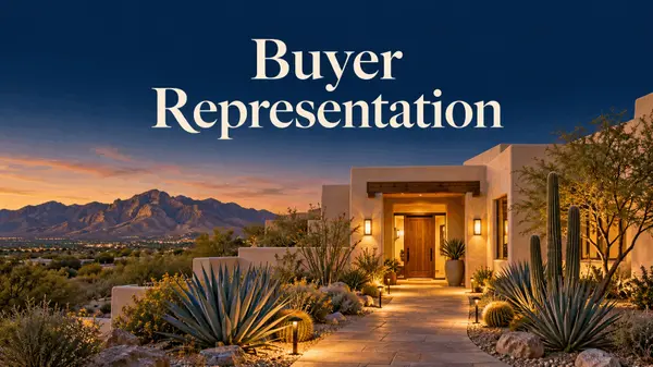 Buyer Representation—illustrated Southwestern home entry with desert landscaping at sunset.