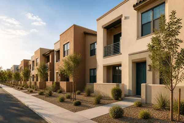 Row of modern Southwestern townhomes used as rental properties in Tucson