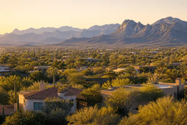 Southern Arizona valley neighborhood at golden hour with mountains in the distance