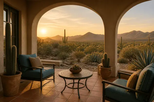 Shaded desert patio of a Southern Arizona home looking out to mountains at sunset