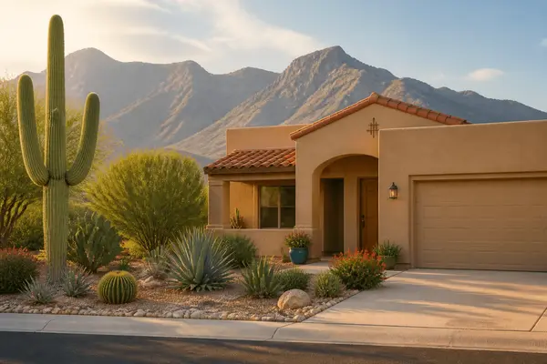 Southwestern stucco home with desert landscaping in a Tucson neighborhood