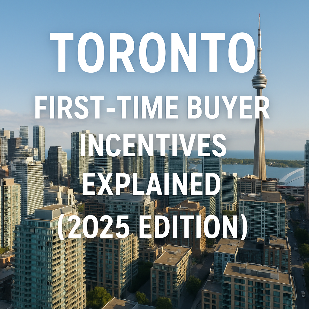 Toronto skyline with CN Tower and condos, promoting 2025 first-time home buyer incentives and rebates.