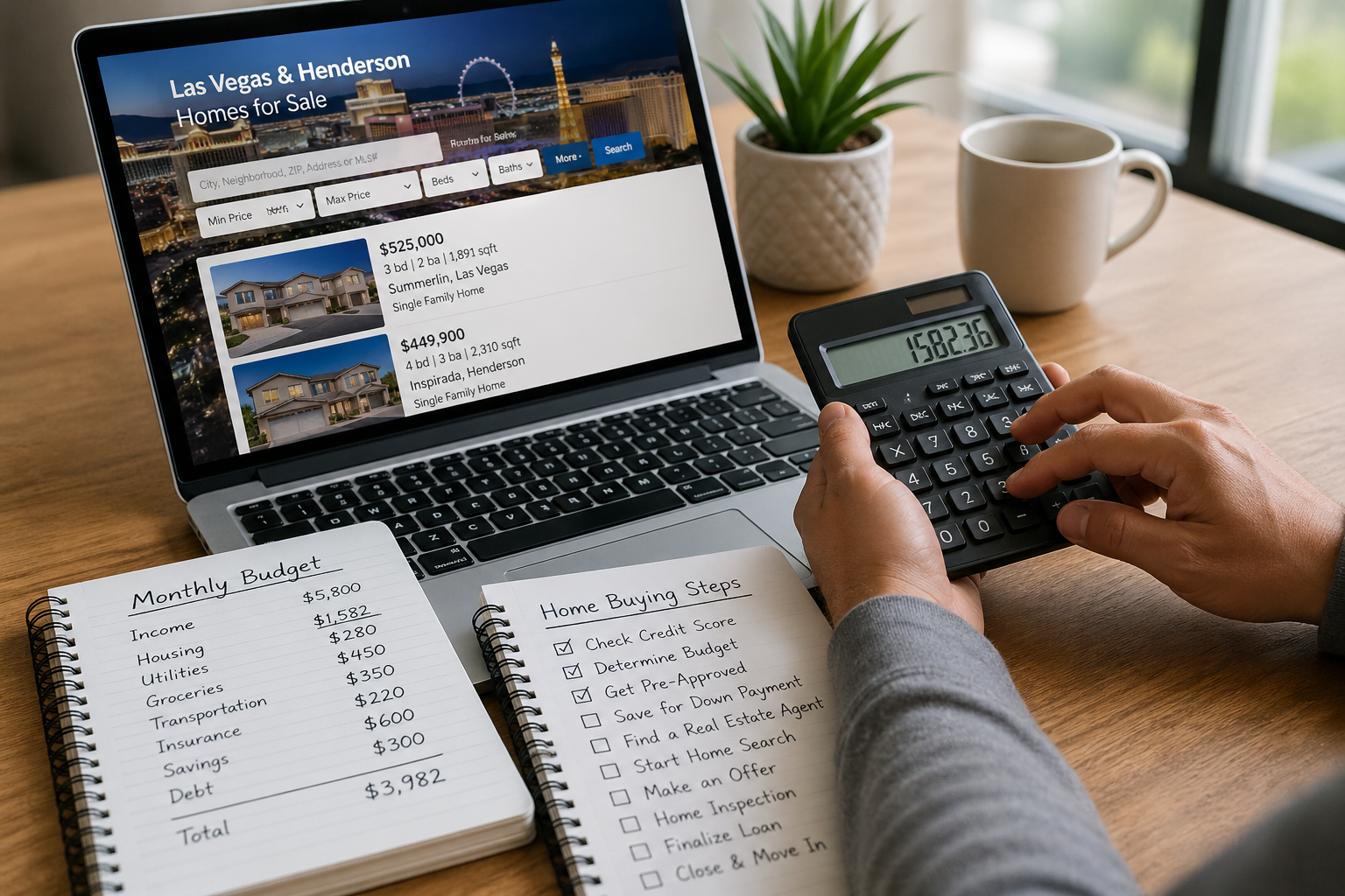 Buyer calculating monthly mortgage payment with calculator while reviewing Las Vegas and Henderson home listings and budget