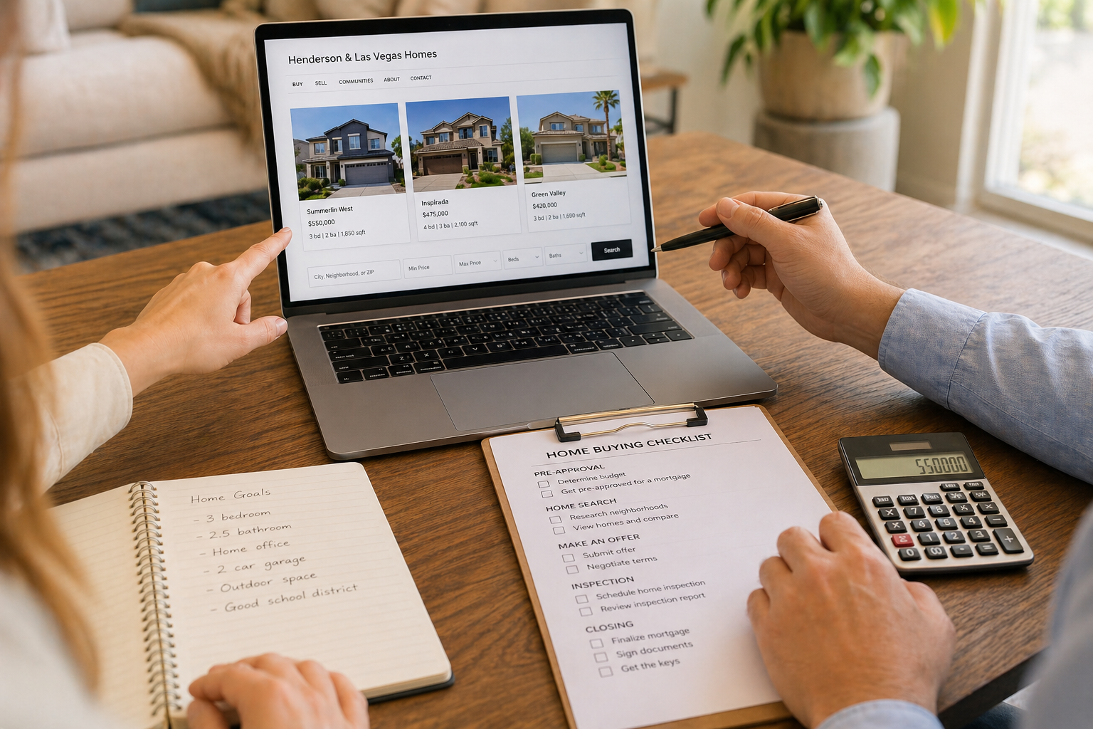 Homebuyers reviewing Las Vegas and Henderson property listings, budget, and home buying checklist on laptop