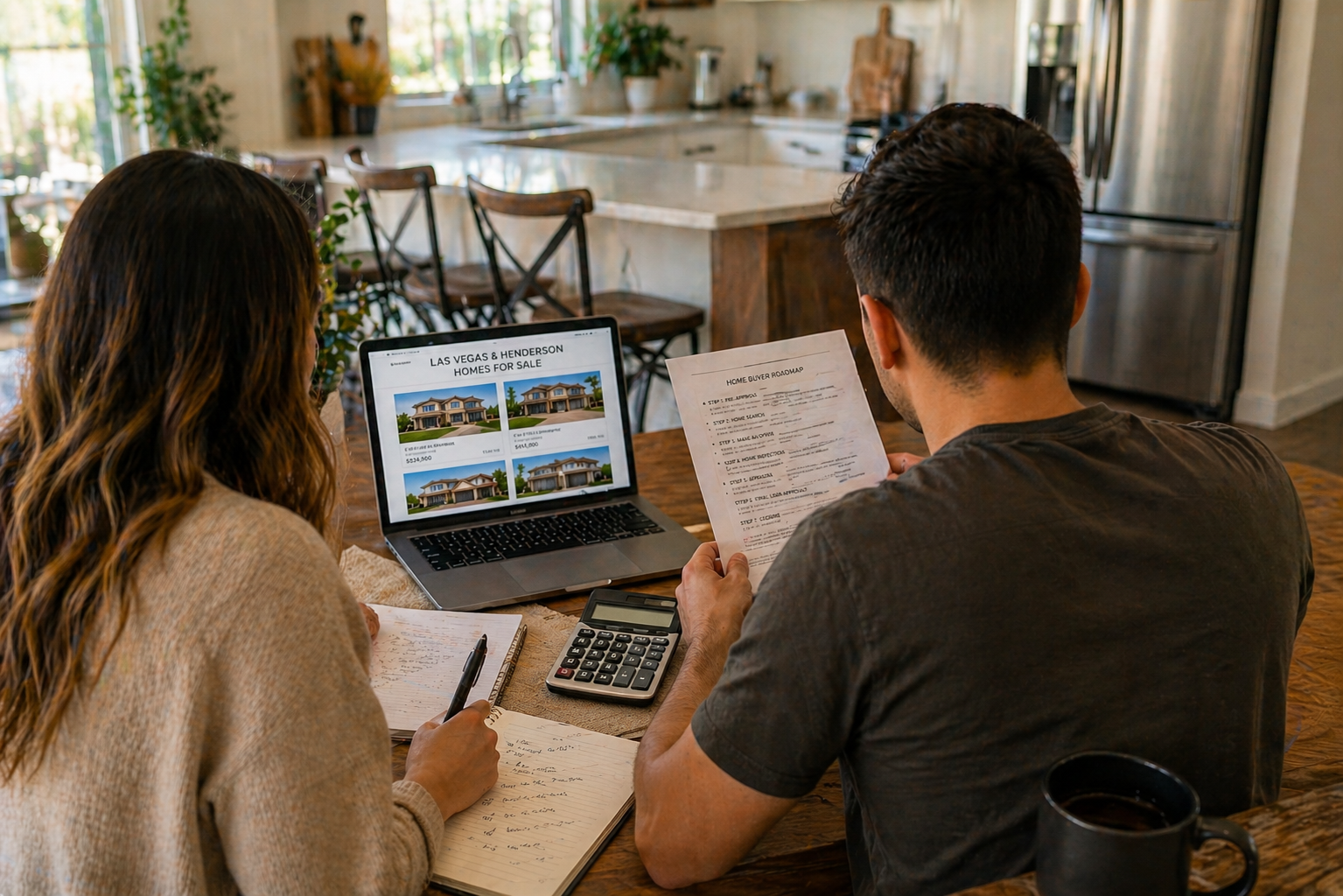 Couple reviewing home listings and budget while planning to buy a house in Las Vegas and Henderson in 2026