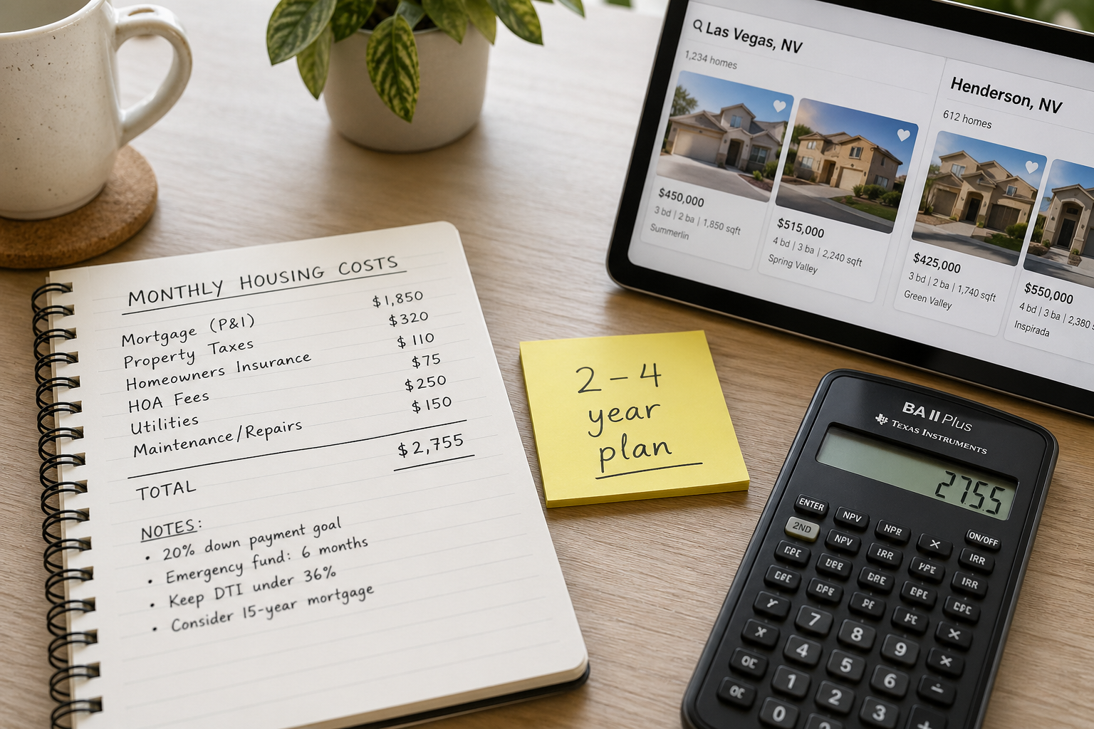 Monthly housing cost breakdown in Las Vegas showing mortgage, taxes, and expenses with calculator and 2–4 year plan for rent vs buy decision