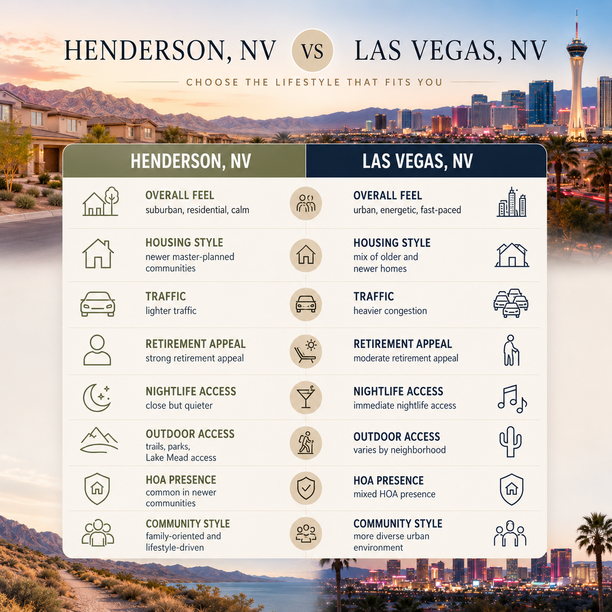 Henderson NV vs Las Vegas NV lifestyle differences, including housing styles, traffic, retirement appeal, nightlife access, outdoor recreation, HOA communities, and community atmosphere
