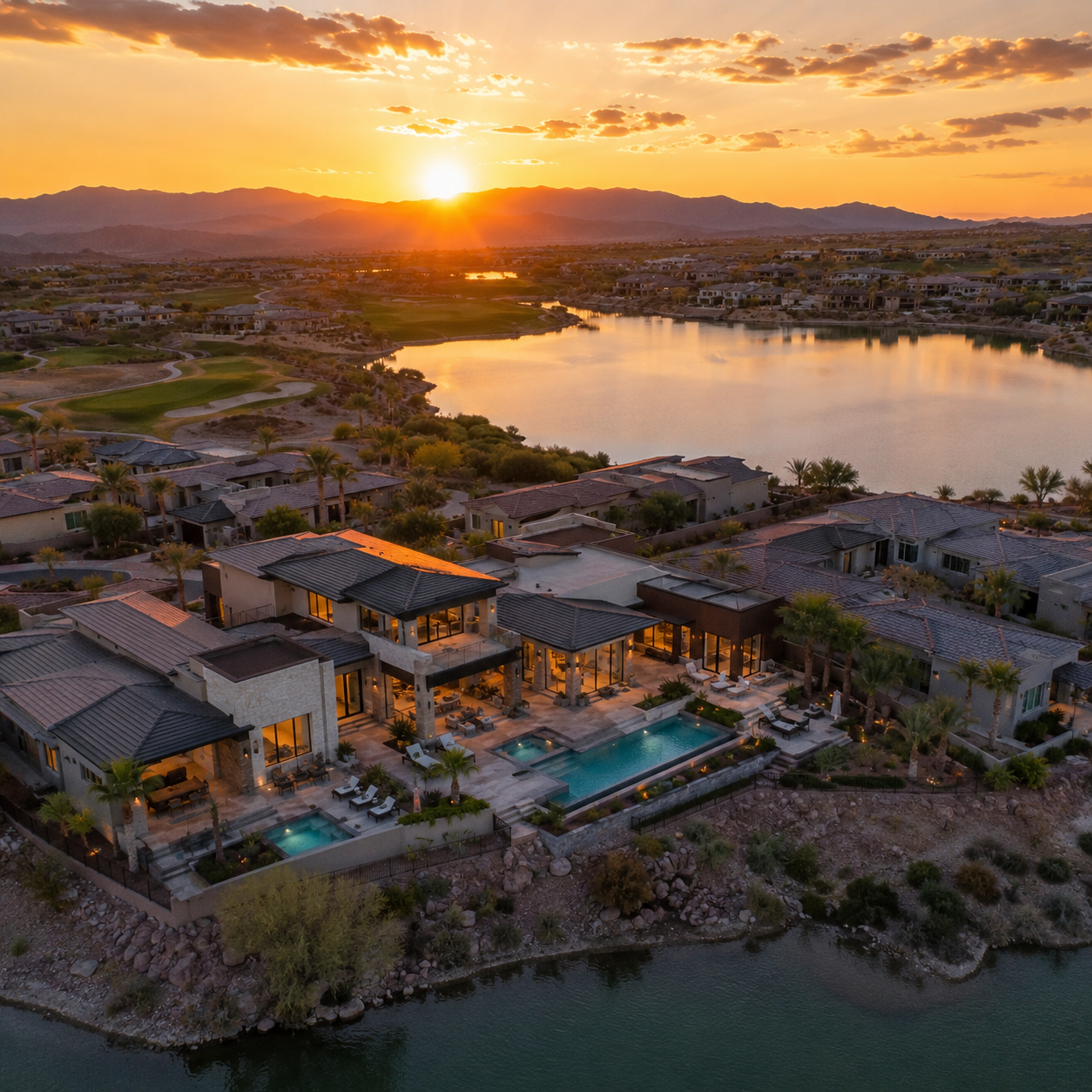 Aerial sunset view of luxury new construction homes in Lake Las Vegas, Henderson NV, featuring modern architecture, waterfront properties, pools, golf course access, and mountain views.