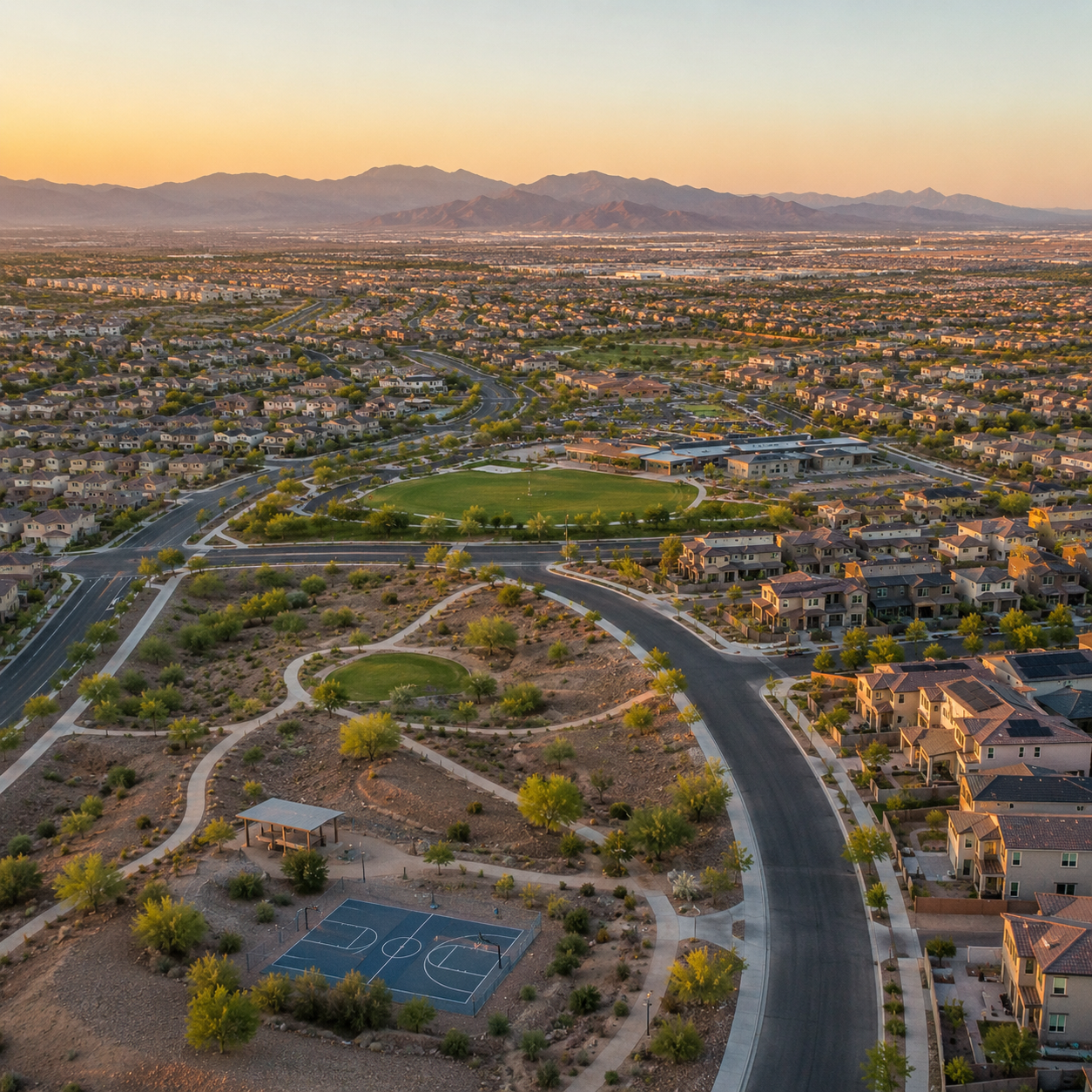 Aerial view of a master-planned new construction community in Henderson NV at sunset, featuring modern homes, parks, walking trails, and mountain views across the Las Vegas Valley.