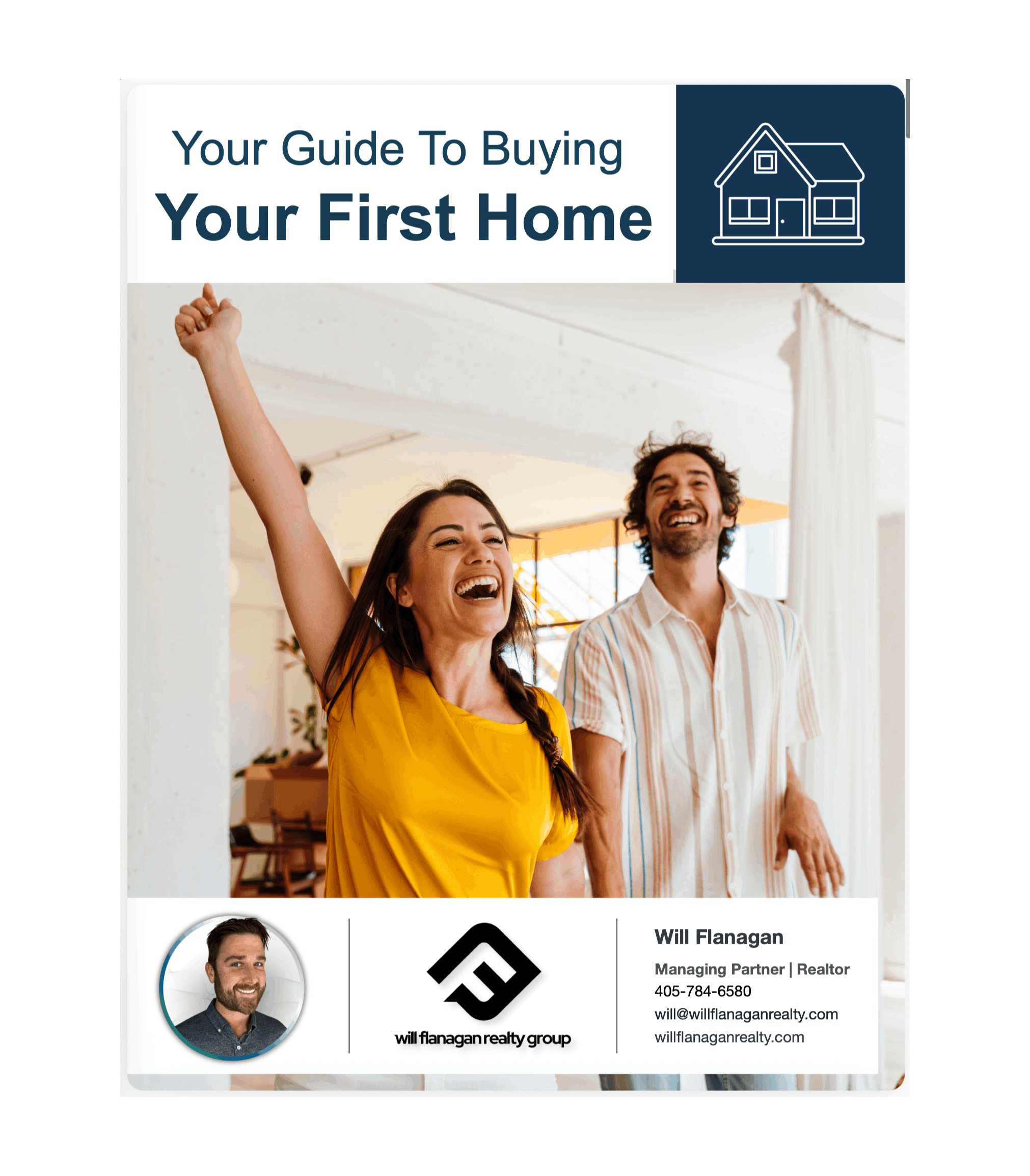 Fall 2025 Oklahoma City First-Time Homebuyer Guide cover featuring a young couple celebrating in their new home. Guide created by Will Flanagan Realty Group, top realtor in OKC, with tips for buying your first home.