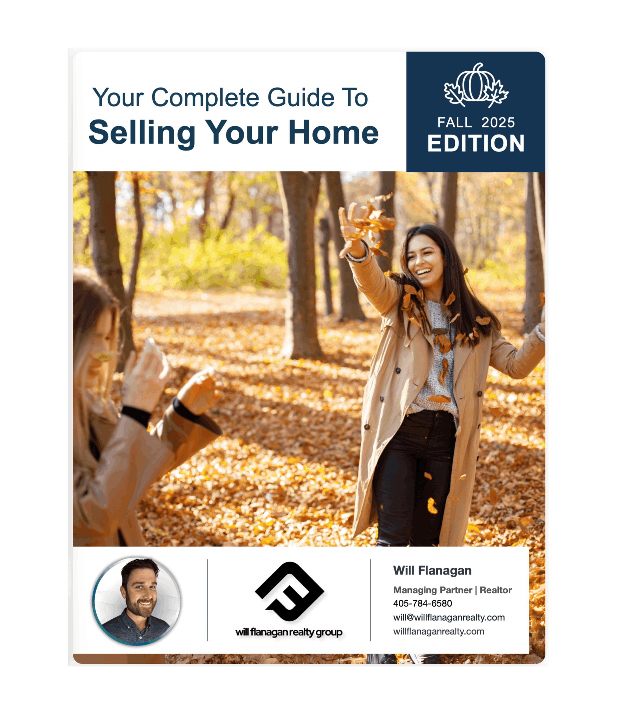 Fall 2025 Oklahoma City Home Seller’s Guide cover featuring a woman enjoying autumn leaves. Guide created by Will Flanagan Realty Group, top realtor in OKC, offering tips for selling your home this fall.