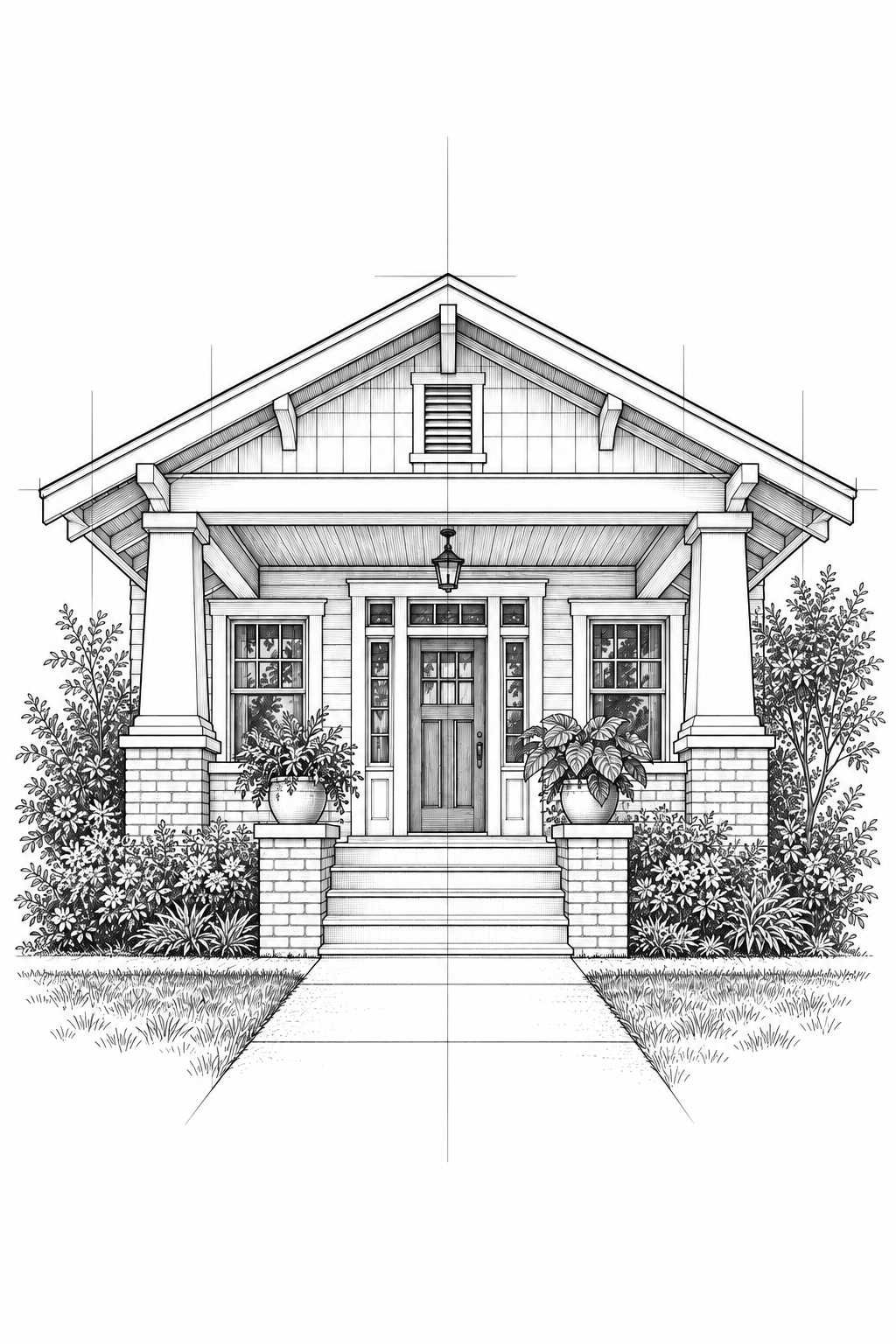 Architectural line drawing of a bungalow with a covered front porch, tapered columns, and landscaped garden beds.