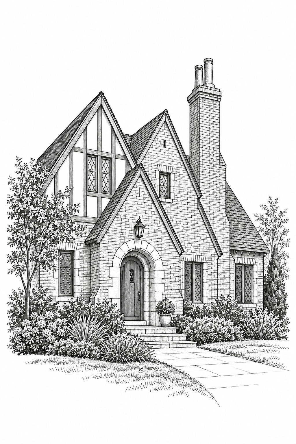 Architectural line drawing of a Tudor-style home with steep gables, an arched entrance, and a brick chimney.