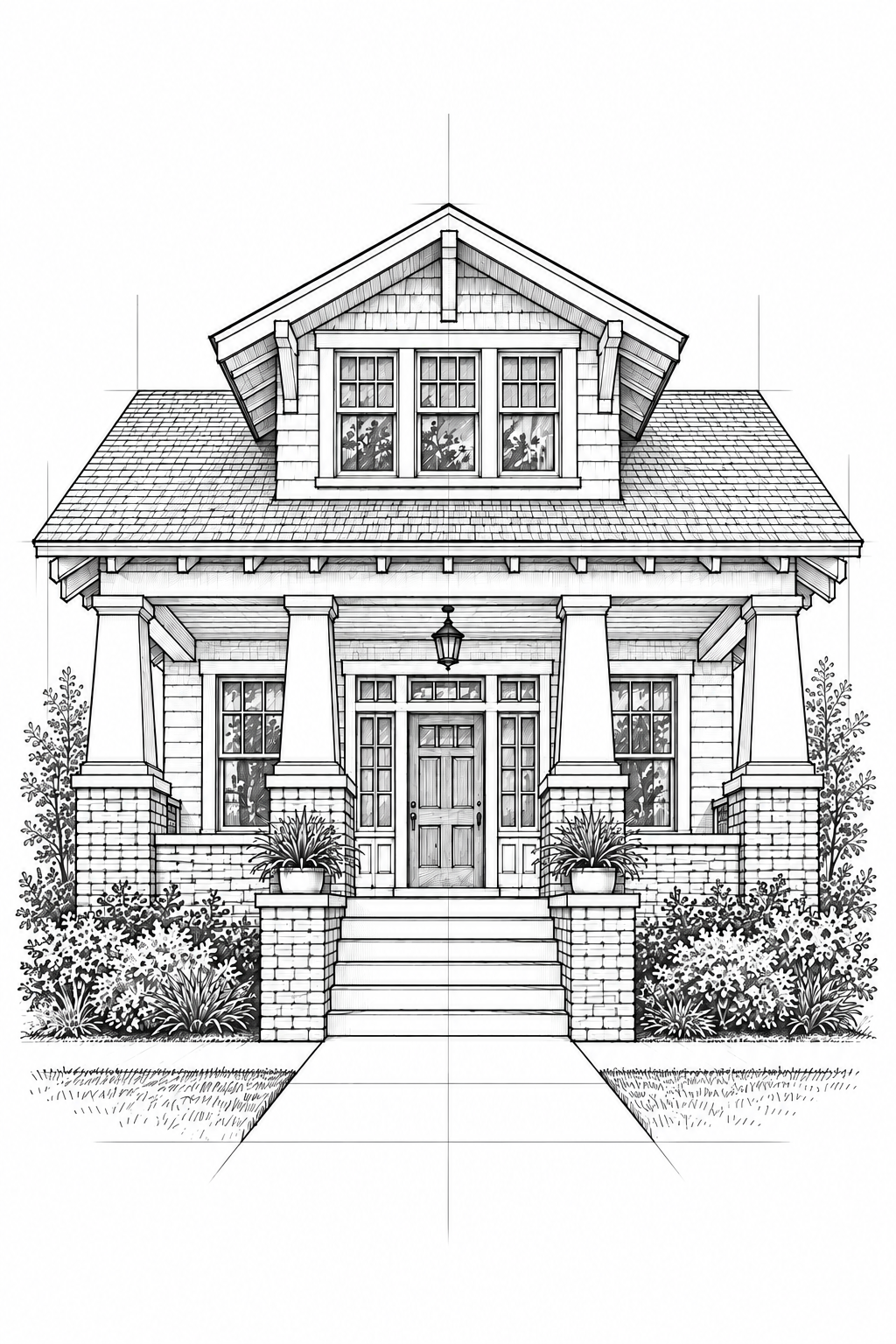Architectural line drawing of a Craftsman-style home with a broad front porch, substantial columns, and a central dormer.