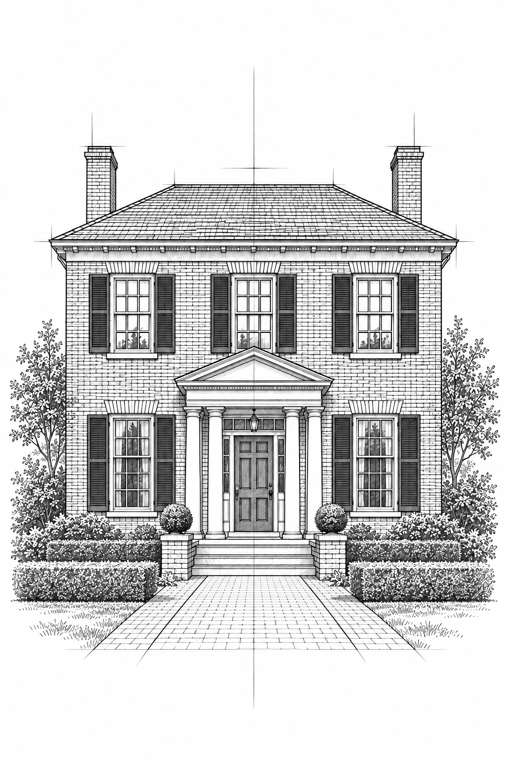 Architectural line drawing of a symmetrical Colonial-style brick home with shutters, twin chimneys, and a columned entrance.