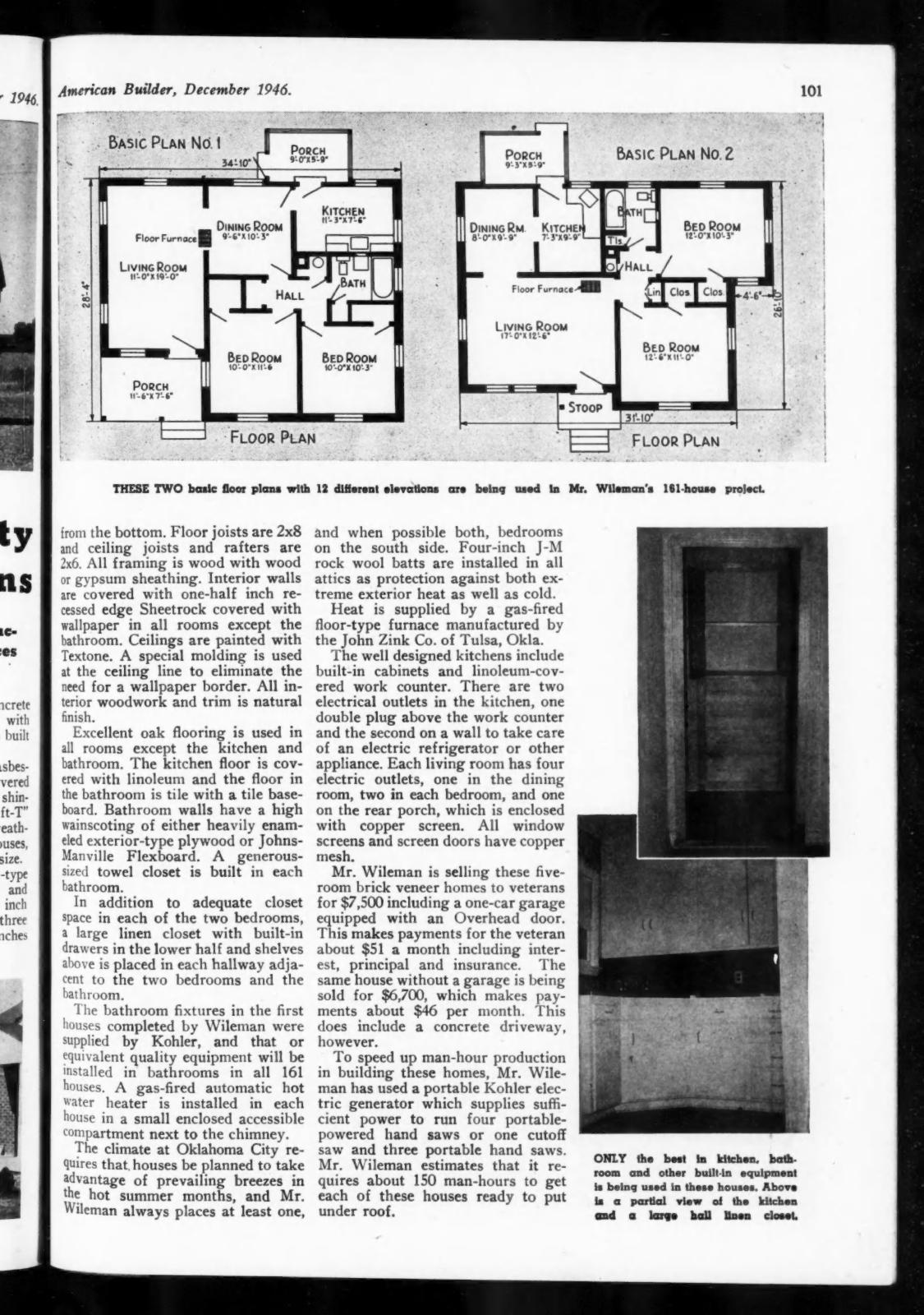 Two five-room house floor plans and construction details from the December 1946 American Builder feature on Ben Wileman.