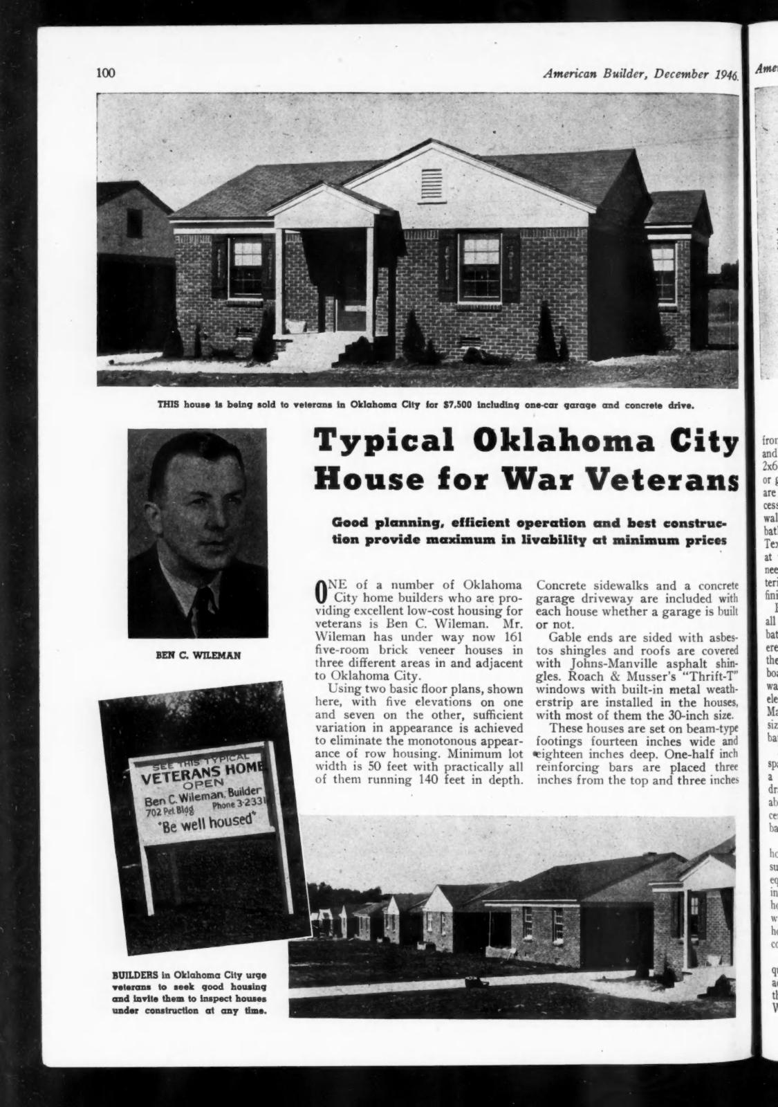 American Builder magazine page from December 1946 with Ben Wileman’s portrait, a house and his Oklahoma City construction project.