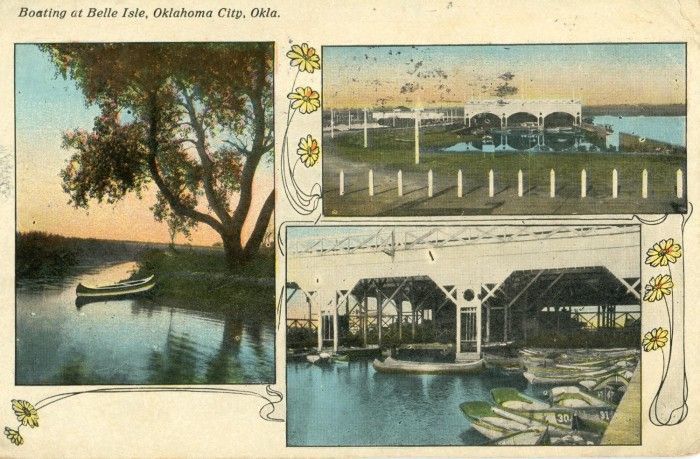 Three postcard views of boating, a boathouse and the lakeshore at Belle Isle in Oklahoma City before 1911.