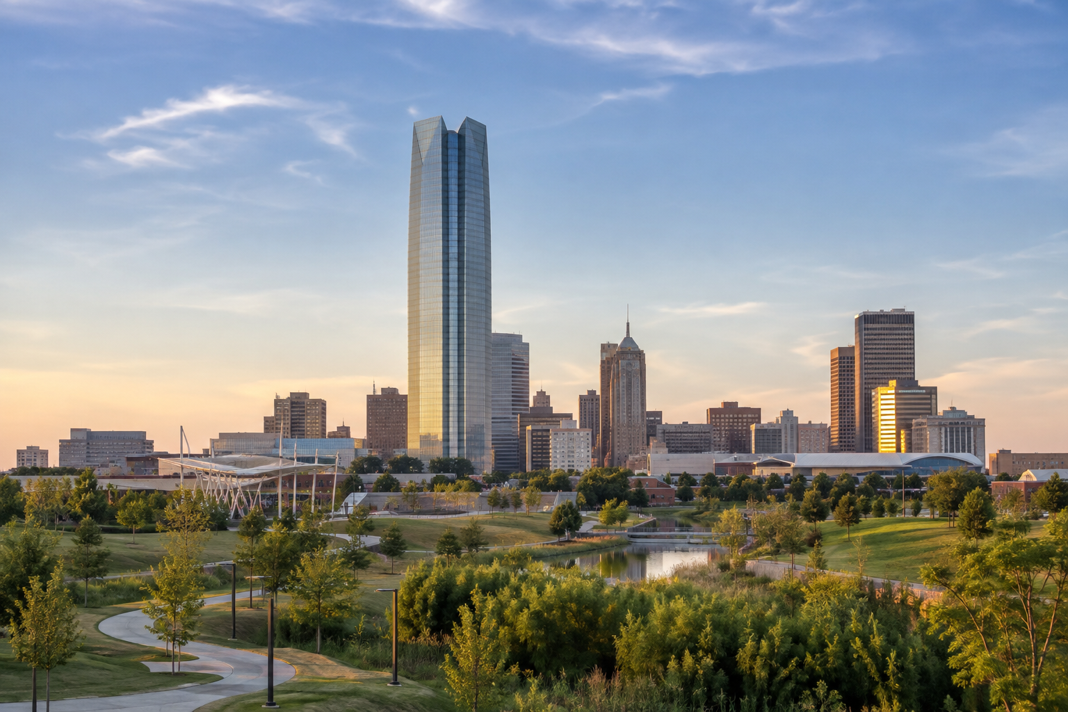 AI-generated illustration of the Oklahoma City skyline above a green park at sunset