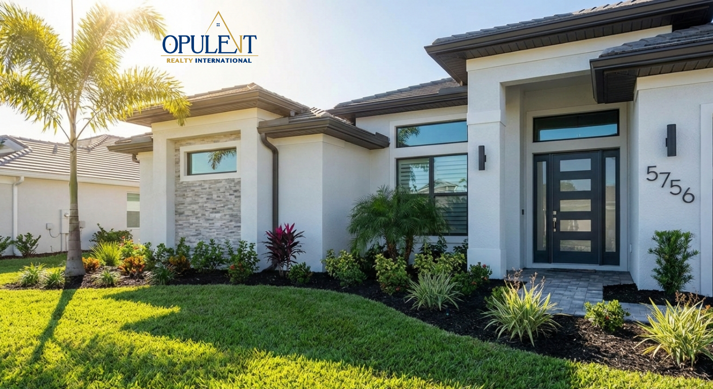 Luxury Florida home with pristine landscaping and upgraded front door