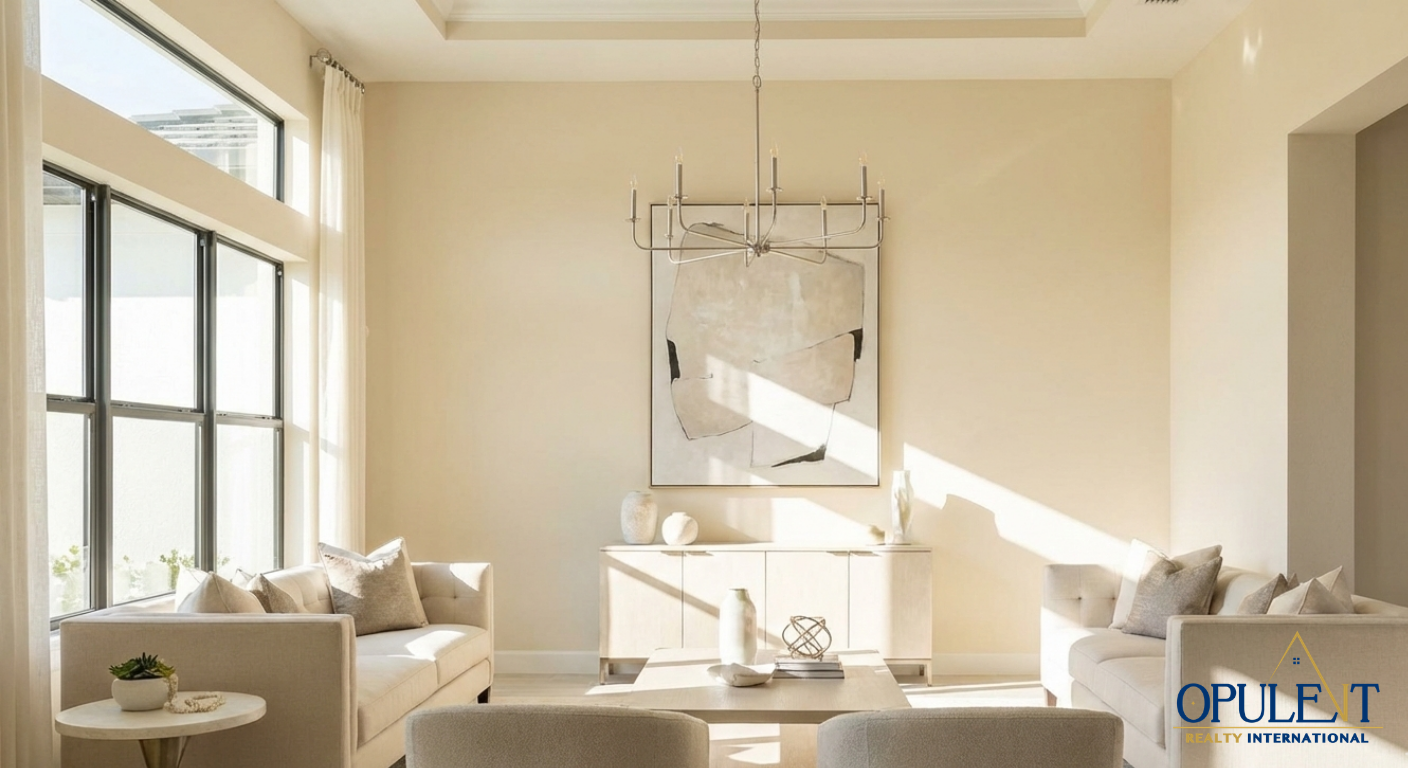 Living room painted in trending 2026 quiet luxury warm white tones
