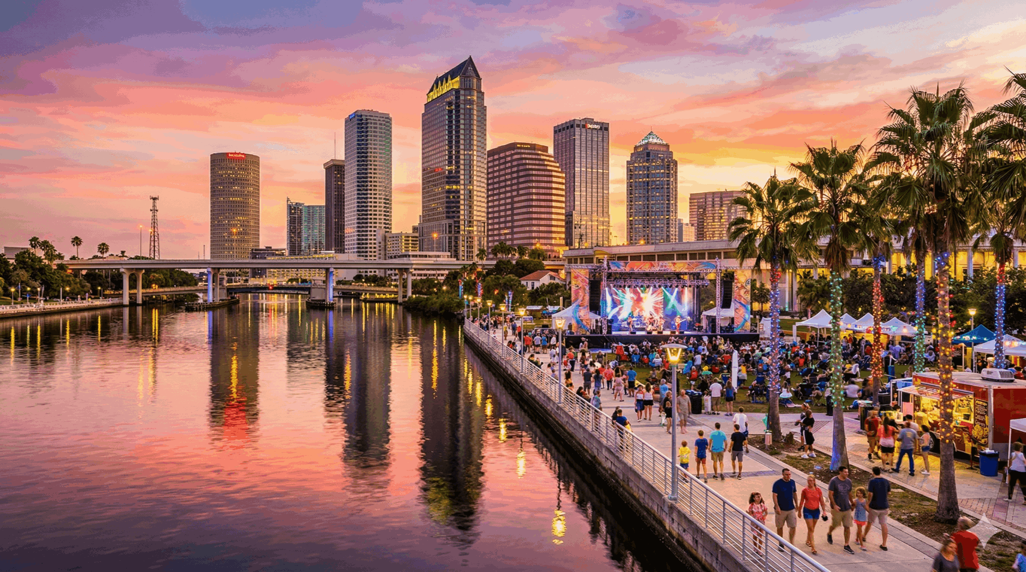 Tampa Riverwalk festival crowd with waterfront skyline
