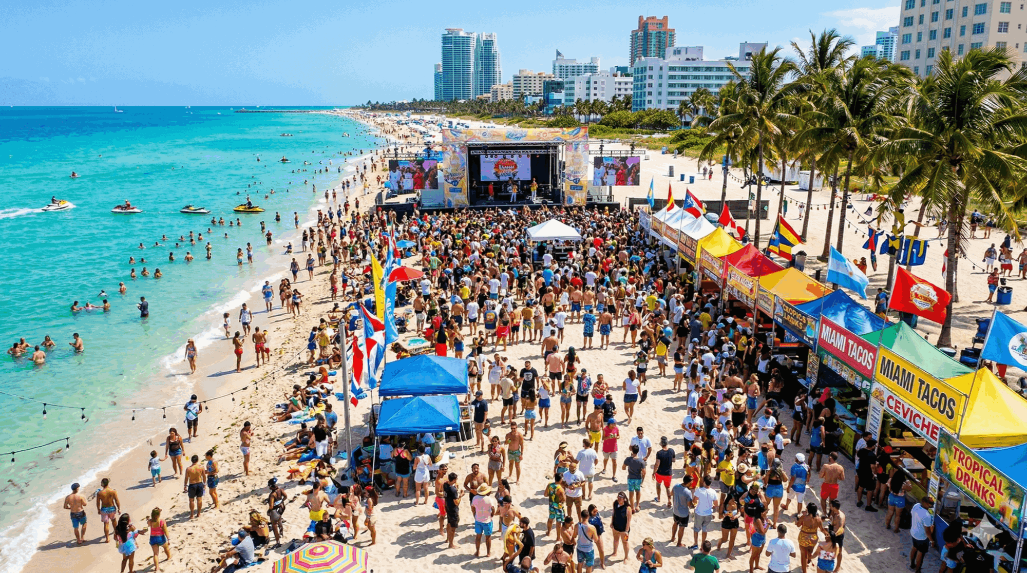 Miami Beach spring festival with ocean and palm trees