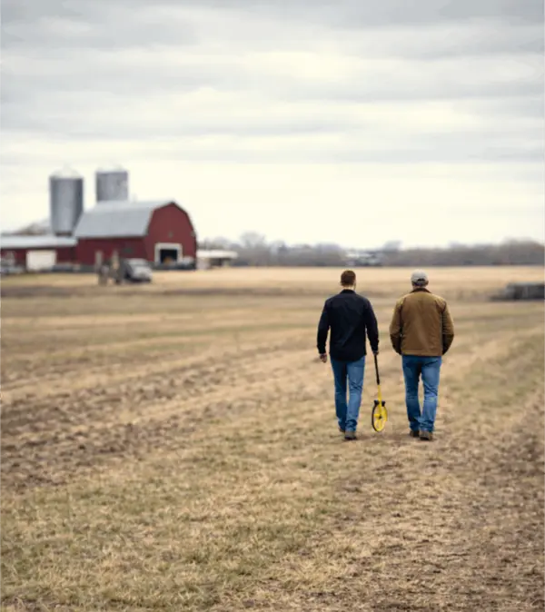 Brian Jenkins walking an agricultural field in Central Alberta with a buyer, measuring land near a red barn and silos at sunset, showcasing rural and farm real estate expertise.