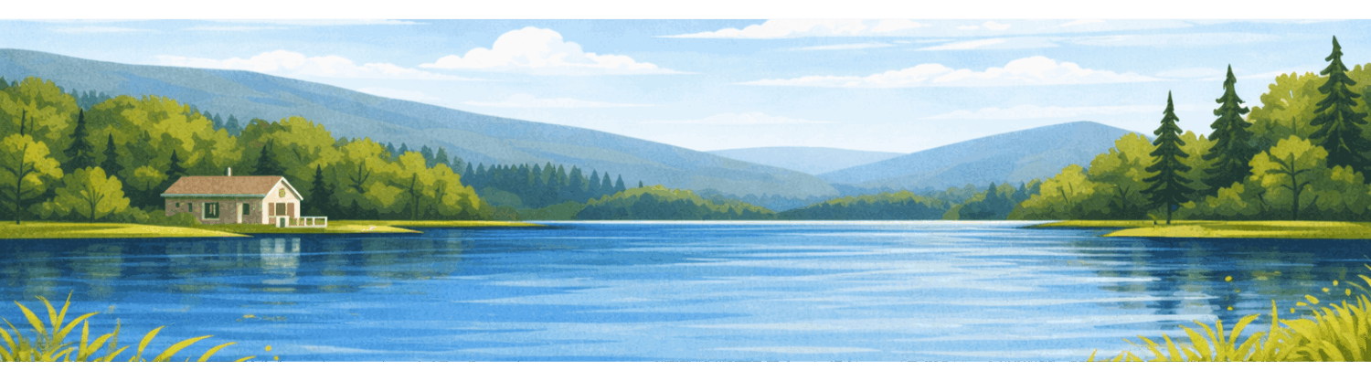 Illustrated Alberta lake scene in summer representing recreational property lifestyle and lake living in Central Alberta.