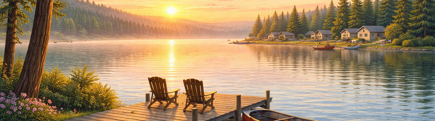 Illustrated sunrise over a peaceful Central Alberta lake with dock, canoe, and lakeside cabins representing recreational lake communities.