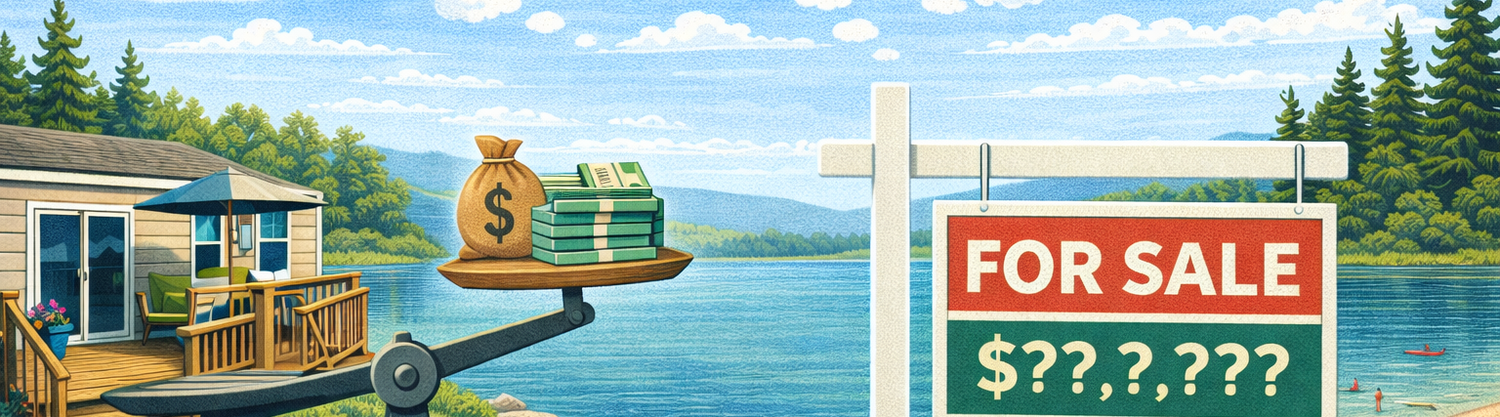 Illustrated lakefront property with for sale sign and pricing scale representing common myths about pricing a lake property in Central Alberta.