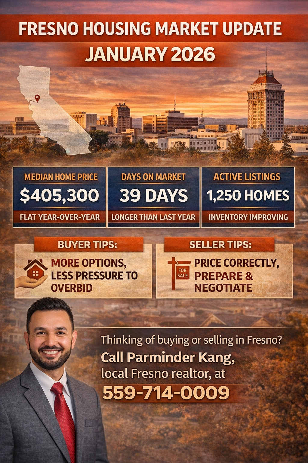 Fresno housing market January 2026 infographic with median home price, days on market, inventory trends, and expert insight from local realtor Parminder Kang