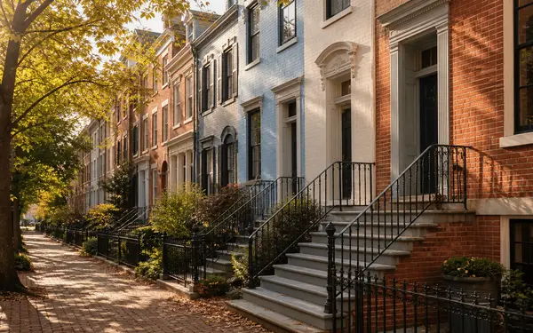 Classic Washington D.C. rowhouses with stoops and iron railings in autumn light