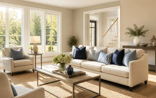 Bright, freshly staged living room prepared for listing photography