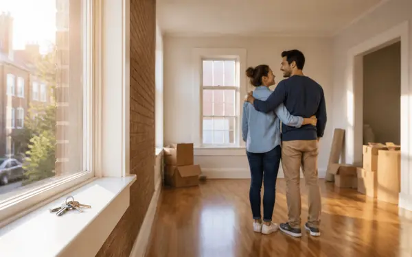 Sunlit empty living room of a first home with moving boxes and keys