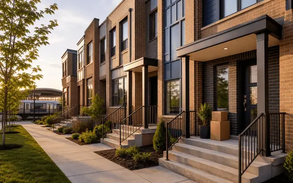 New brick townhomes near a suburban Washington D.C. transit station at golden hour