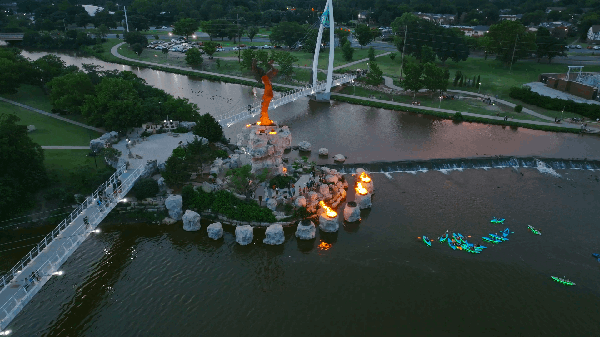 Aerial view of the Keeper of the Plains and Arkansas River in Wichita KS at golden hour"