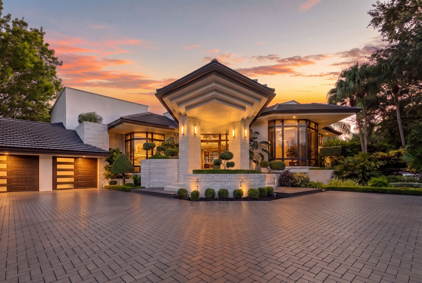 Luxury Weston FL home entry with dark steel front door and manicured landscaping at golden hour.